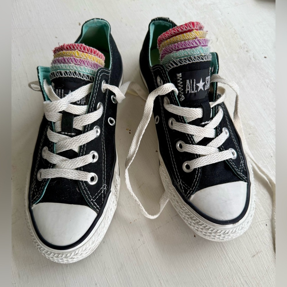 Chuck Taylor All Star Converse Black Multi Tongue Rainbow LowTop Sneakers Size 6